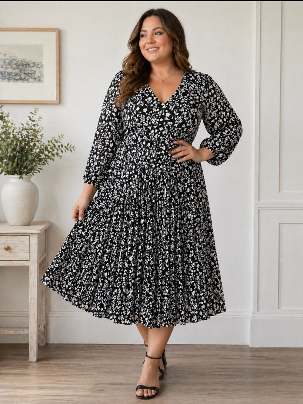 Lane Bryant Black and White Floral Midi Dress